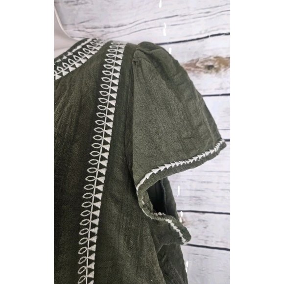 LOFT Olive Green Gauze Embroidered Dress L Boho Flutter Sleeve Shift Cotton - Picture 3 of 6